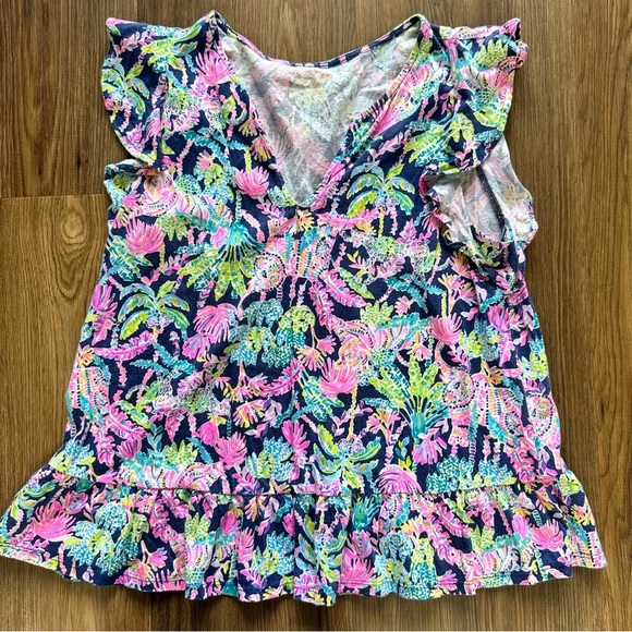 Lilly Pulitzer Lacie Peplum Top Blue Pink Floral Small Ruffle Flutter Sleeve - Picture 1 of 8